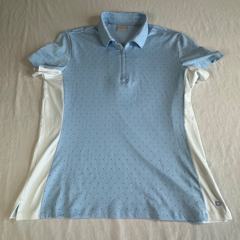 Dunning Golf Women Blue Polka Dot Short Sleeve Performance Polo Shirt Logo SZ L
